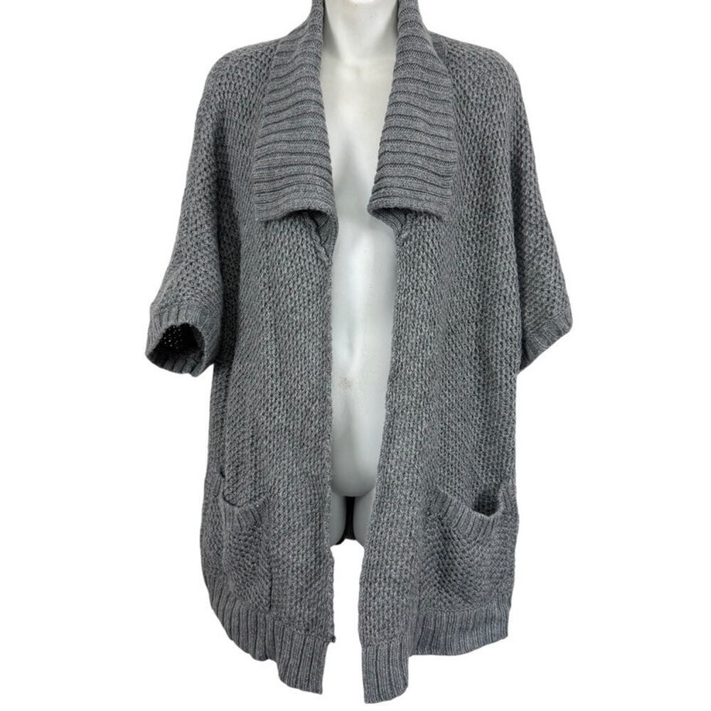 Chicos Gray Chunky Knit Longline Cardigan Sweater Open Pockets 1/2 Sleeve 2 / L